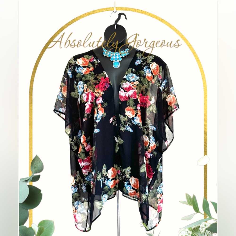 Investments L-XL Black/Red Floral Kimono Bathing Suit Cover Up,Bridal Shawl,Boho
